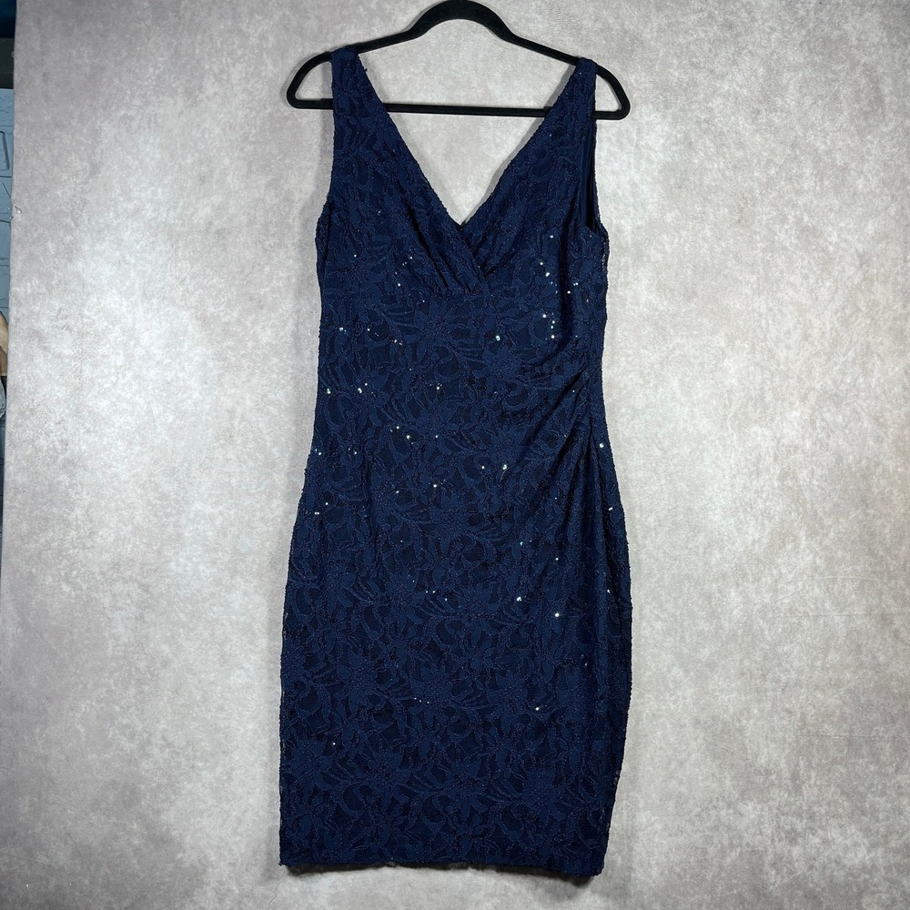 Lauren Ralph Lauren Dress Womens 14 Navy Blue Floral Lace Evening Quiet Luxury